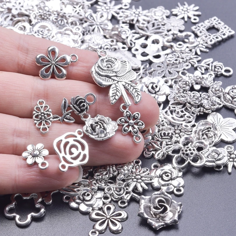 10/20/30/50pcs Wholesale Silver Color Bulk Flower Charms For Jewelry Making Earrings Bracelets Handmade Metal Pendant Breloques