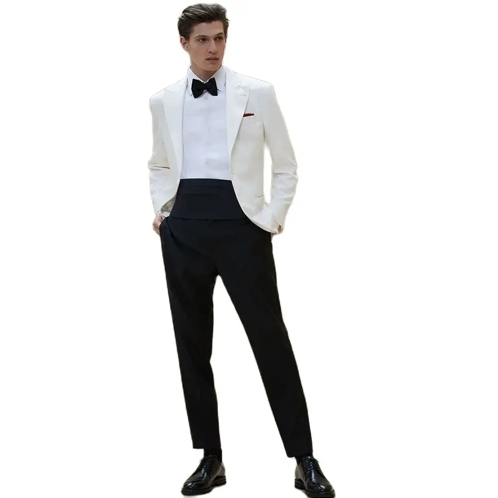 Formal Single Breasted Peak Lapel Men Suits White Blazer Black Pants Outfits Set Bespoke High End Male Clothing Slim Fit Terno