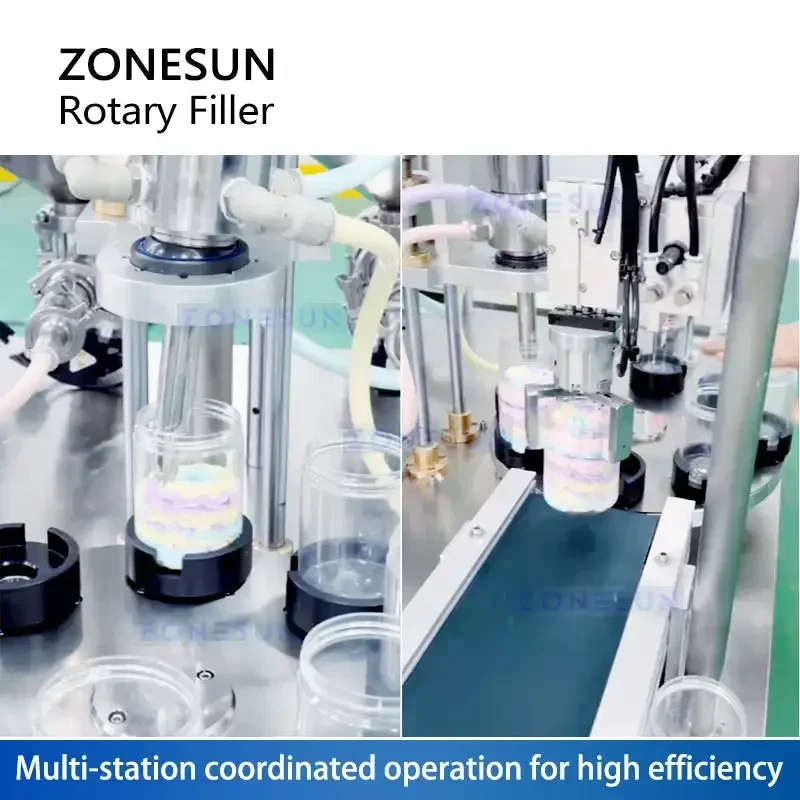 ZONESUN ZS-VTRPF4 Riempitrice automatica per crema a 4 colori |   Riempitore cosmetico rotante per vasetti da 5-100 ml