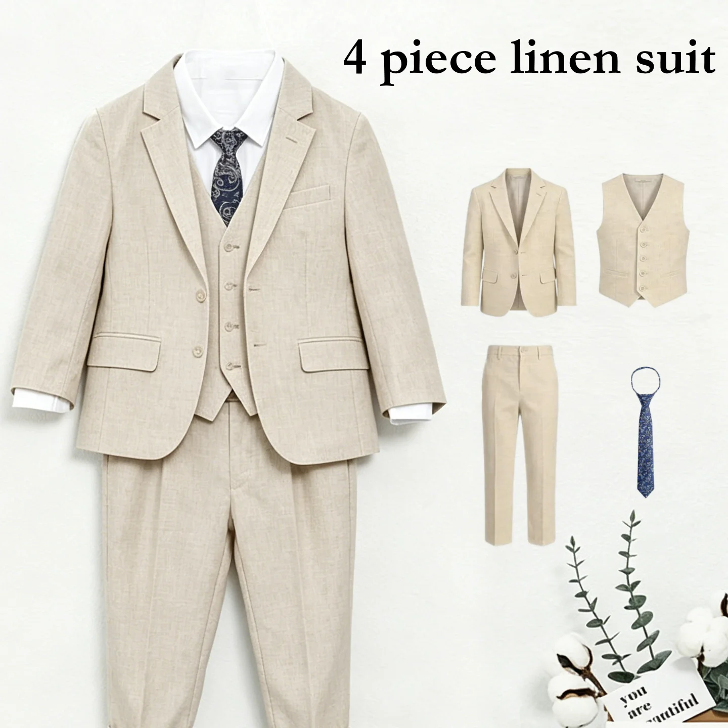Four Pieces Linen Suit Set for Children 3-14 Years Old, Summer Beach Wedding Guest Tuxedo Jacket Vest Pants Tie Luxury Set