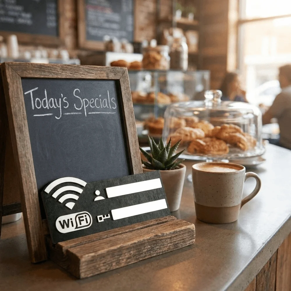 Rustic WiFi Password Sign Vintage Minimalism 2D Flat Wooden Plaque Erasable Board with Pen Wireless Network Indicator