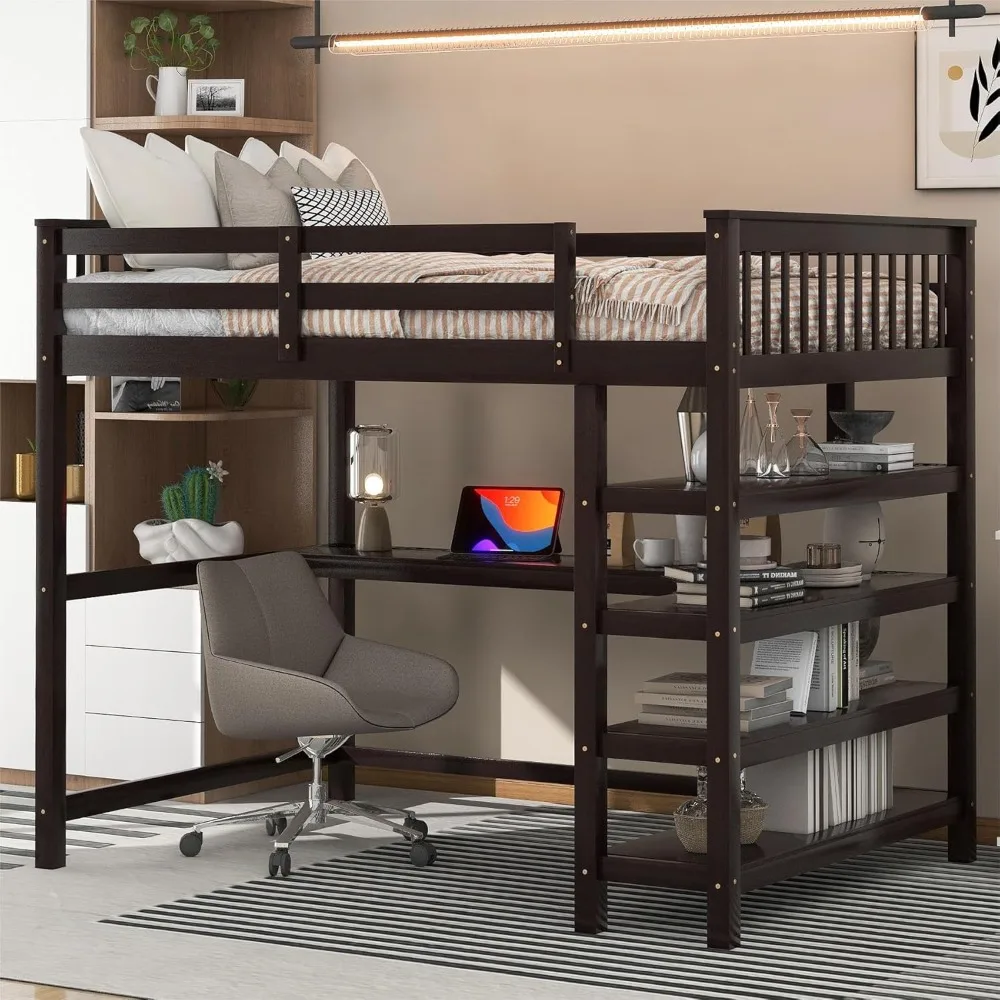 

Wood Loft Bed with Desk and Shelves : Twin Size Loft Bed with Storage Shelves and Under-Bed Desk, Twin Loft Bed, Espresso Color