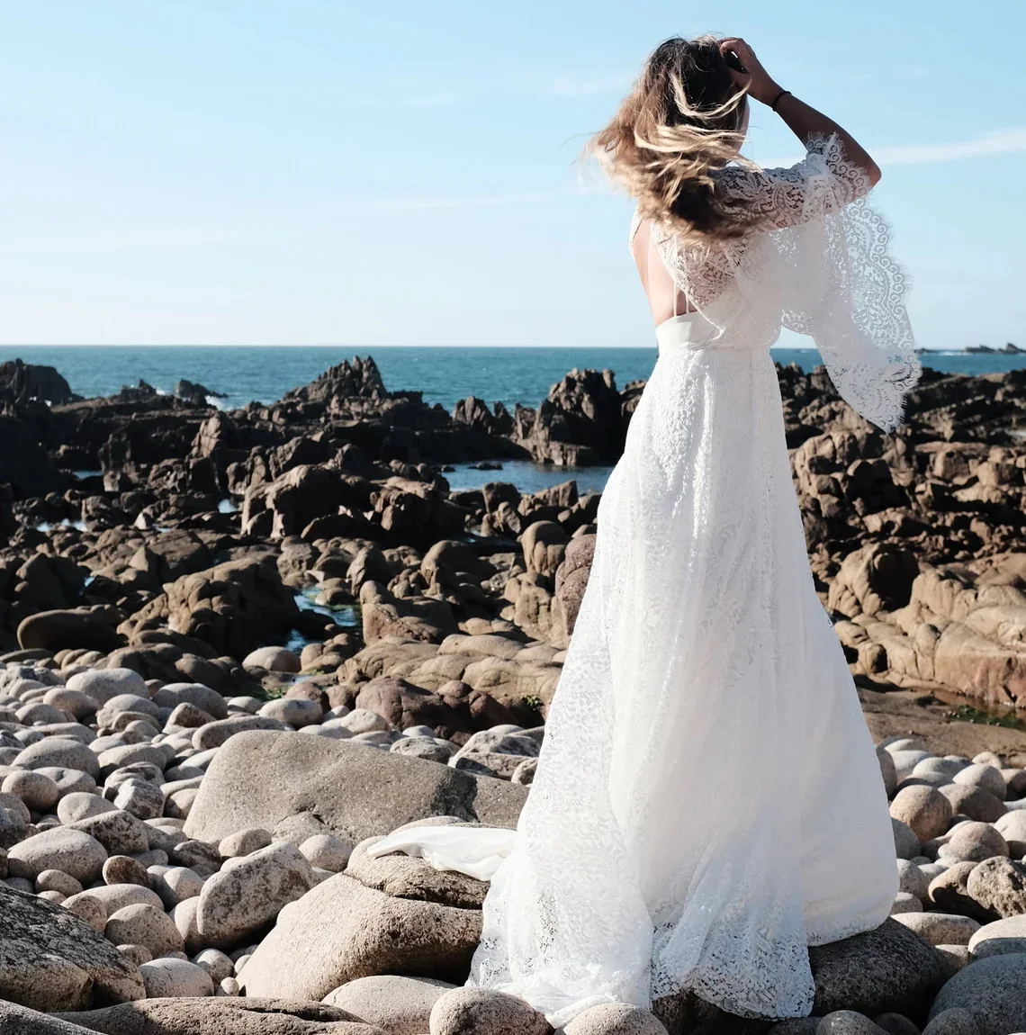 13466 # Chic Bohemian Leher Perahu Elegan Punggung Terbuka Lengan Flare Renda Putri Pantai Sapu Kereta Gaun Pengantin Gaun Pengantin