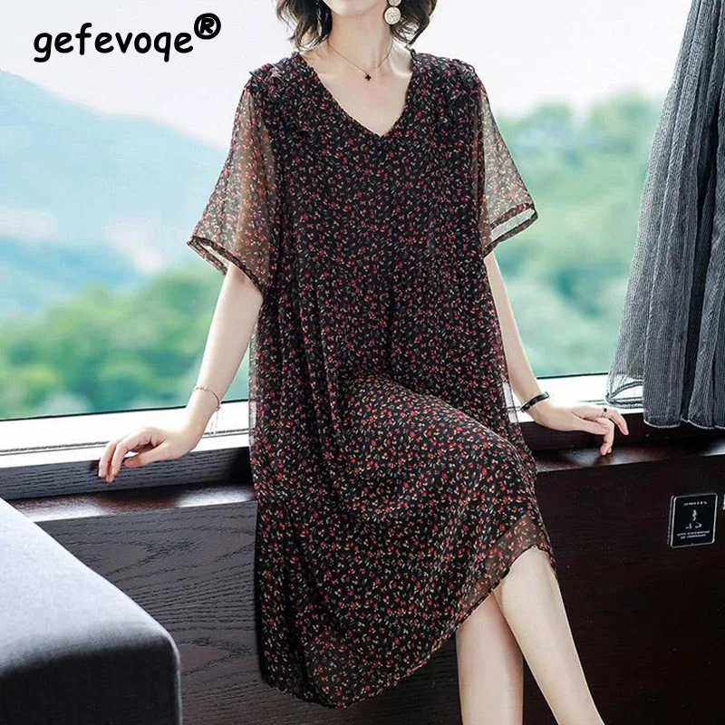 Thời Trang Thanh Lịch Hoa In Ruffles Voan Váy Mùa Hè 2022 Ngắn Tay Áo V-Cổ Áo Thun Lỏng Midi Dress Phụ Nữ Quần Áo