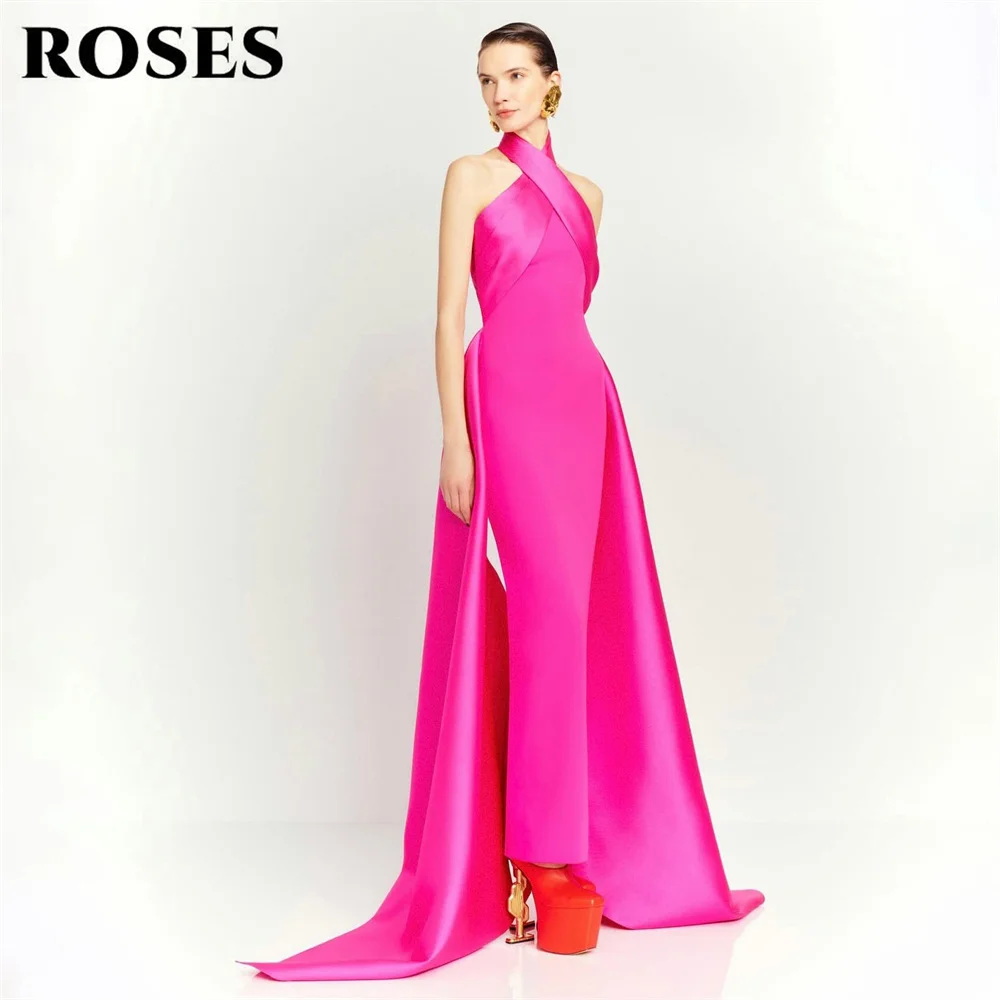 

ROSES Hot Pink Mermaid Prom Dress Halter Neck Celebrity Dresses Sleeveless Fitted Women's Evening Dress for Gala Customized