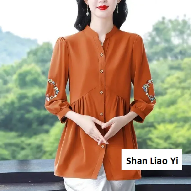 

Cotton Linen Blouses For Women Embroidered Shirts Loose Relaxed Cardigan Top Mid Length Shirt Fashion Artistic Women Blous Shirt