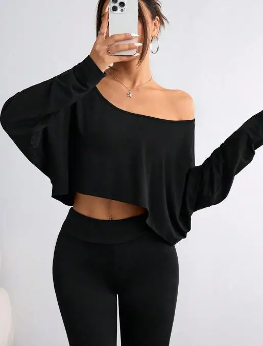 

Autumn 2025 New One Shoulder Long Sleeved T-Shirt Off Shoulder Loose Top Women Solid Color Slim Fit Pure Desire Off Shoulder Top