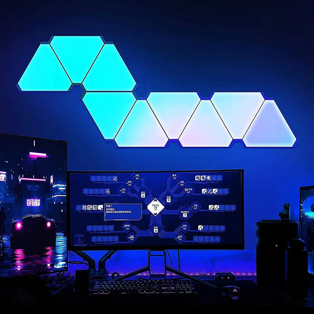 RGB WIFI APP Bluetooth bilgisayar oyunu için LED üçgen kapalı atmosfer duvar lambaları yatak odası dekorasyon DIY kuantum gece lambası