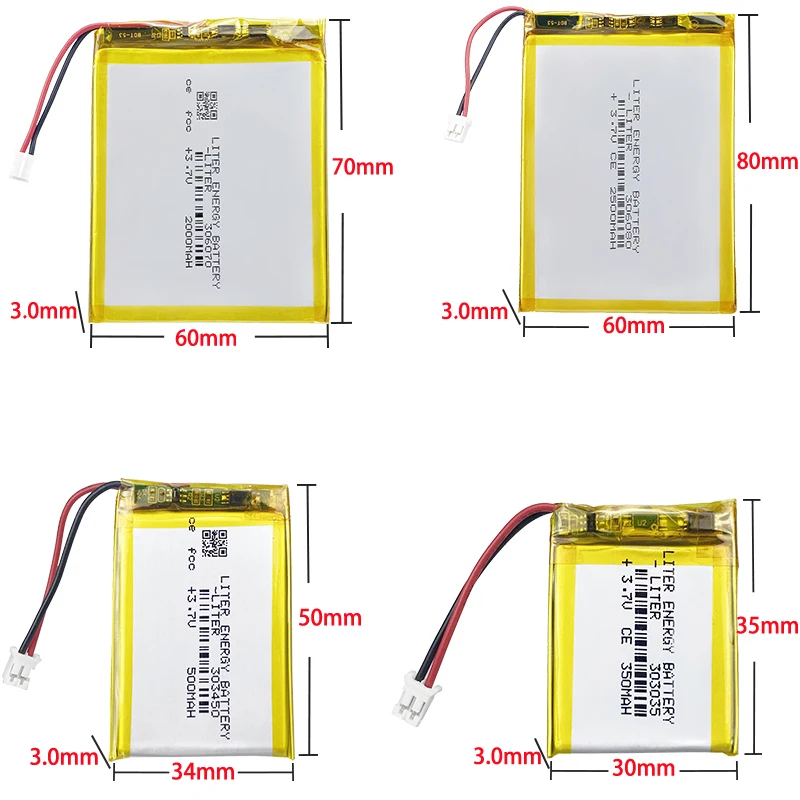 802060 1000mah 303035 350mah 303450 500mah 306070 2000mah 306080 2500mah 3.7V polymer lithium battery