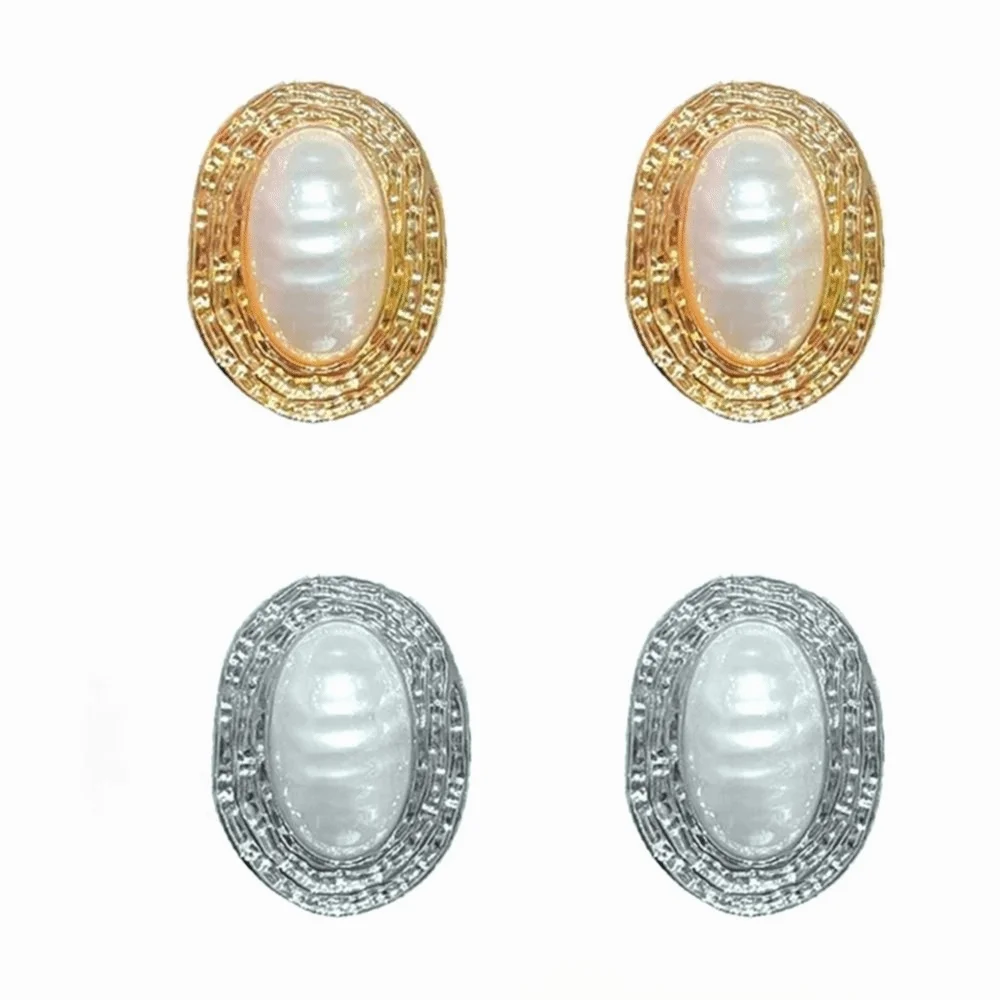 Imitation Oval Metal Pearl Earrings Gold Vintage Large Stud Earrings Alloy Ruffled Stripes Geometric Exaggerated Earrings