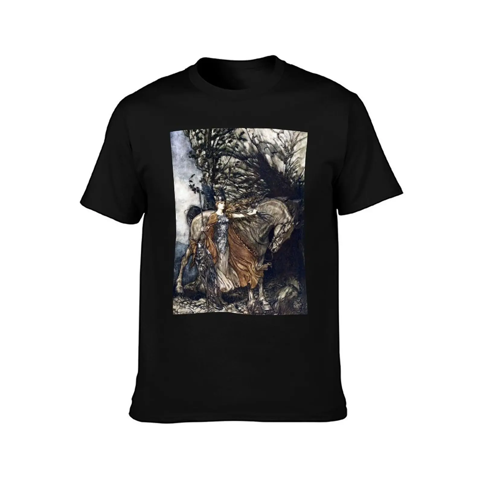 Brunhilde with her horse at the mouth of the cave - Rhinegold and the Valkyries by Arthur Rackham T-Shirt