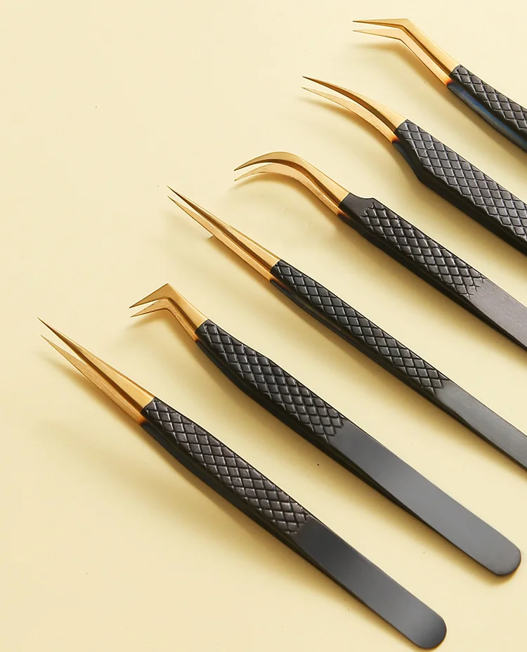 Private Label Eyelash Tweezers Custom tweezers 45 90 Degree Diamond Fiber Grip fiber tip tweezers for eyelash extension