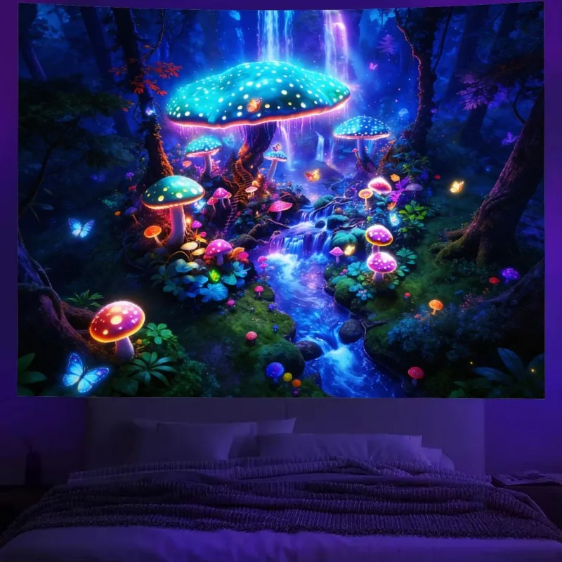 VIKAMA Psychedelic Fantasy Mushroom Tapestry Enchanted Forest Waterfall Wall Hanging Aesthetic Decor Bedroom Dorm Room