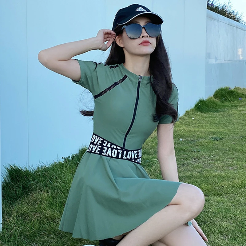 Large Size Swimwear Women Two Piece Swimsuit With Skirt Short Sleeve Swimming Suit Boxer Bottom Beachwear Hot Spring Clothes