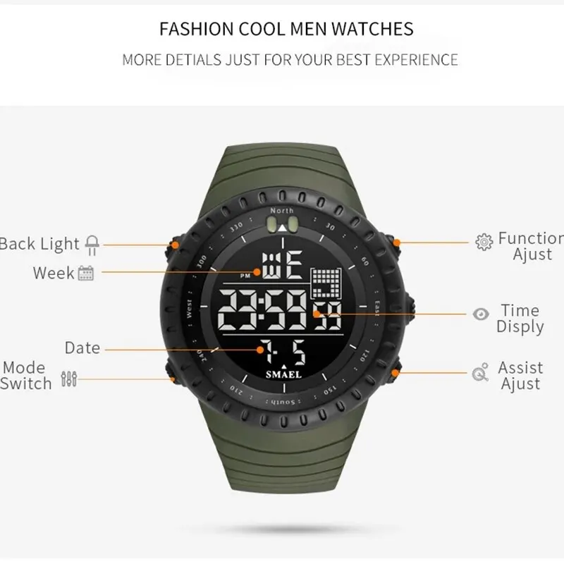 SMAEL Brand Men Electronics Watch Outdoor Sports Waterproof Big Dial Digital LED Alarm Digital-watch 1237 Sport Watch