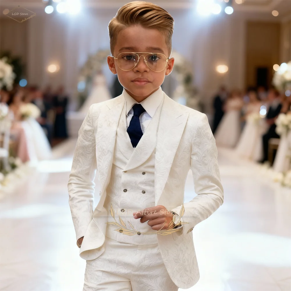 Kids Boys 3 Piece Intricate Jacquard Texture Blazer Suit Vest Trousers Elegant Gentleman Wedding Ceremony Formal Dress