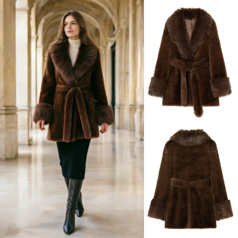 Women's Coat 2026 Winter Elegant Faux Fur Coat Wide Lapel Belted A-Line Midi Fuzzy Outerwear
