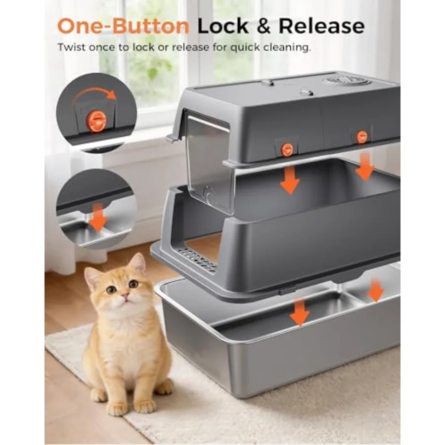 XXL Stainless Steel Cat Litter Box with Lid High Sided Enclosed Covered Litterbox Activated Carbon Odor Control Extra Large Met view 5