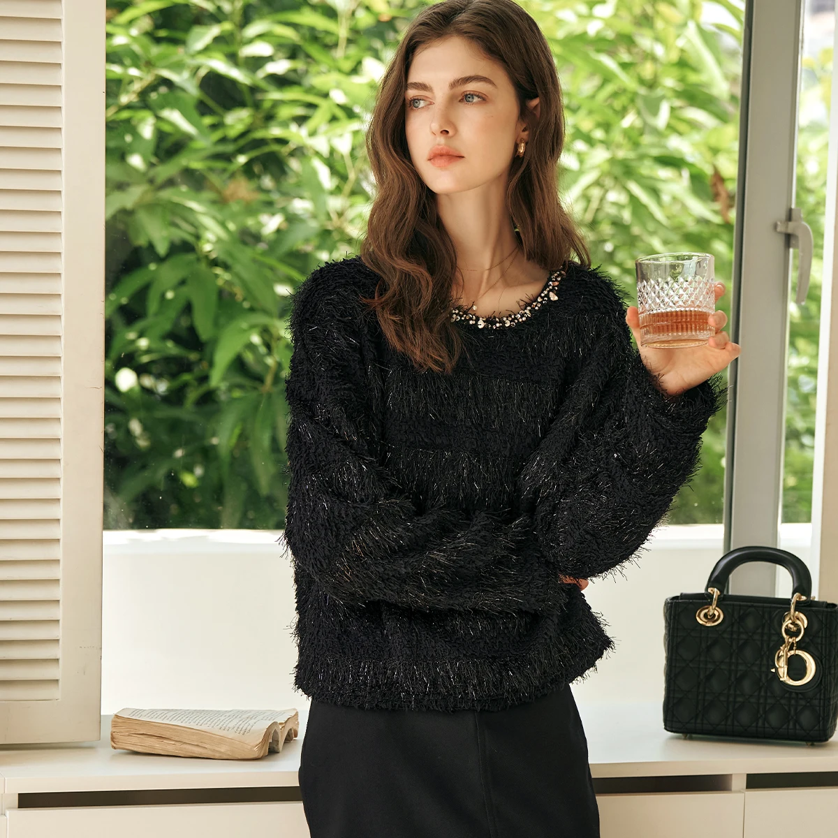 OLrain Women Striped Sweatshirts 2025 Autumn Luxury Long Sleeve Beading O Neck Knitted Tassel Casual Pullovers Tops M57CW95869