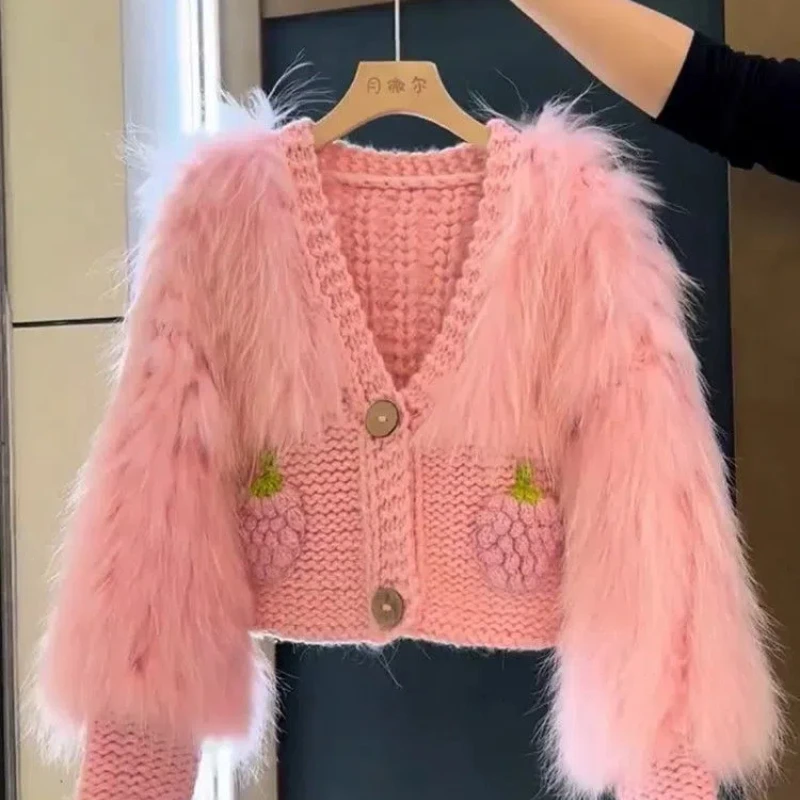 Large Size Super Beautiful Pink Sweet Knitted Splicing Imitation Mink Fur New Popular Cardigan Fur Top