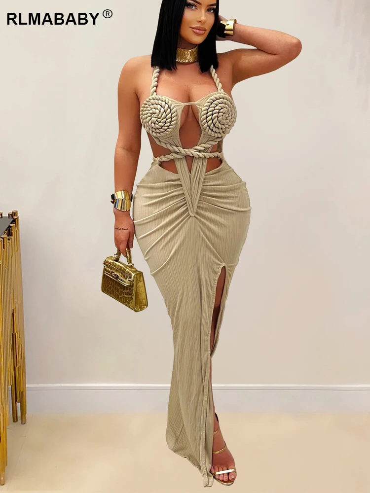 RLMABABY Sexy Knit Rib Backless Halter Women Long Bodycon Dress Sleeveless Ruched Thigh High Split Club Party Sheath Maxi Dress