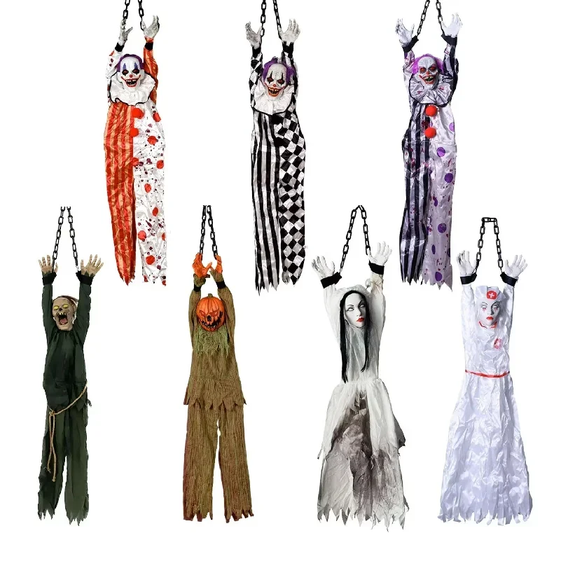 Halloween Party Props Animated Hanging Clown with Chain Glowing Eyes Creepy Sound for Haunted House Outdoor Yard Decoration