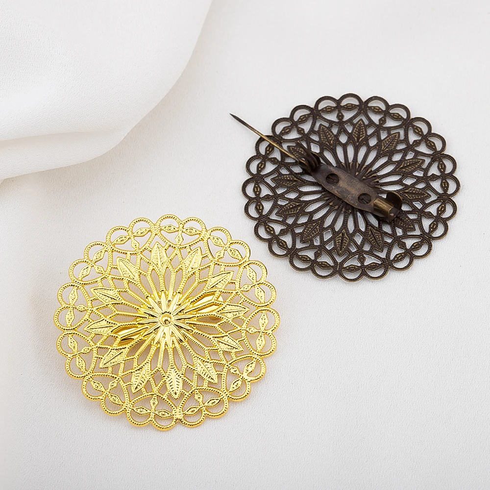 5pcs/lot Round Hollow Out Flowers Brooch Base 38mm Copper Brass Brooch Buckle for Handmade Jewelry Making DIY Accessories