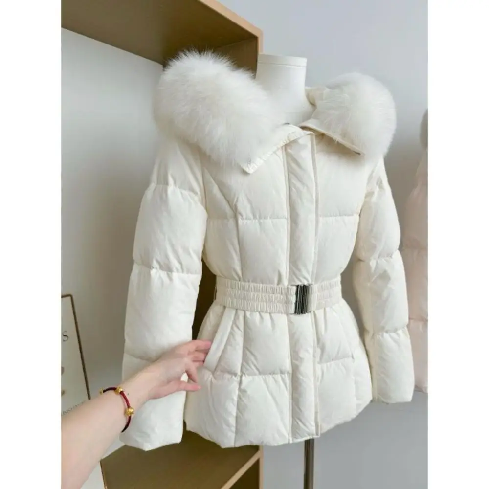 Korean Women's Cotton Jacket with Fur Collar Fashion Waist-Cinching Zipper Jacket Ladies Elegant Coat Outwear Winter Warm Gift