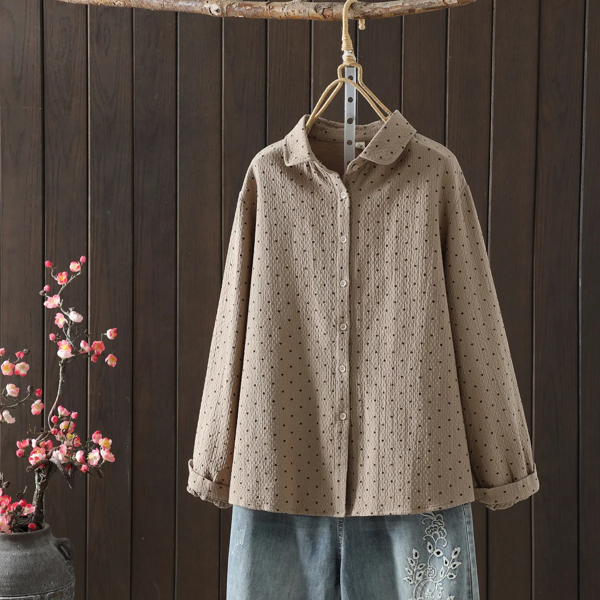 جديد 2025 الخريف قميص قطني بكم طويل ، المرأة بدوره إلى أسفل طوق طباعة ، موري فتاة موضة عادية رشاقته بلوزة فضفاضة T59651CC #2