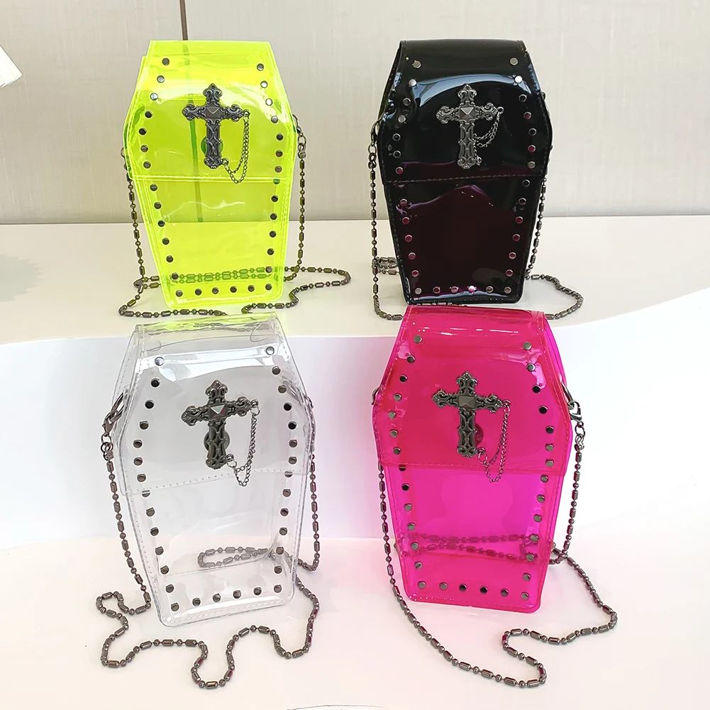

Women Coffin Shaped Bag PVC Gothic Crossbody Bag Clear Jelly Satchel Bag Stadium Approved Phone Bag