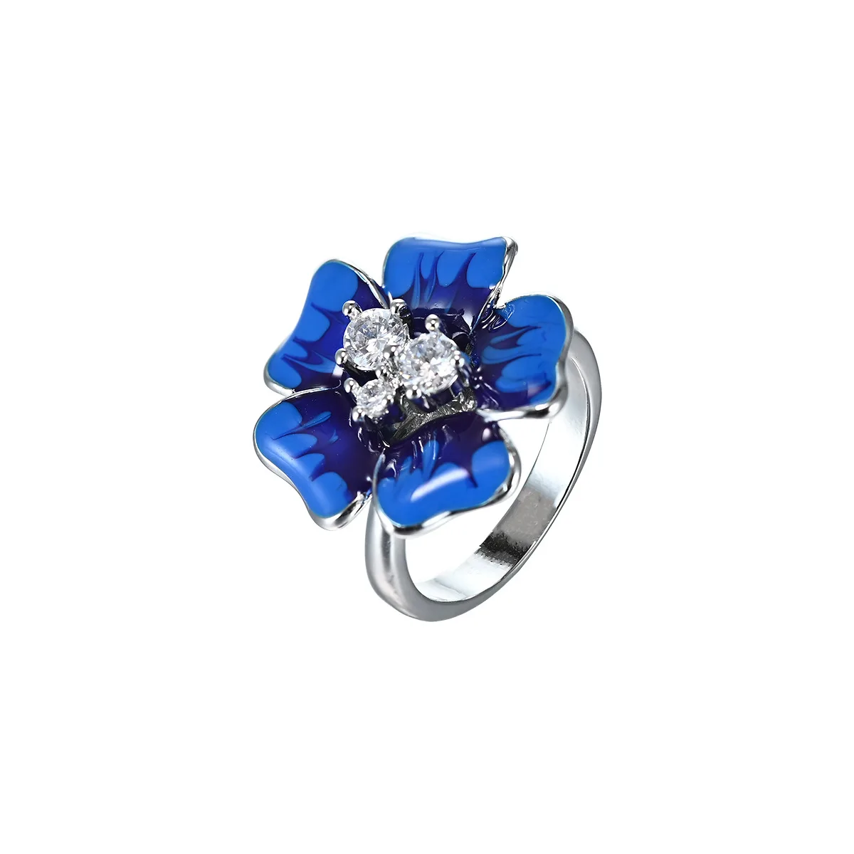 S925 Sterling Silver Stud Earrings Necklace Set Blue Big Flower Diamond Set