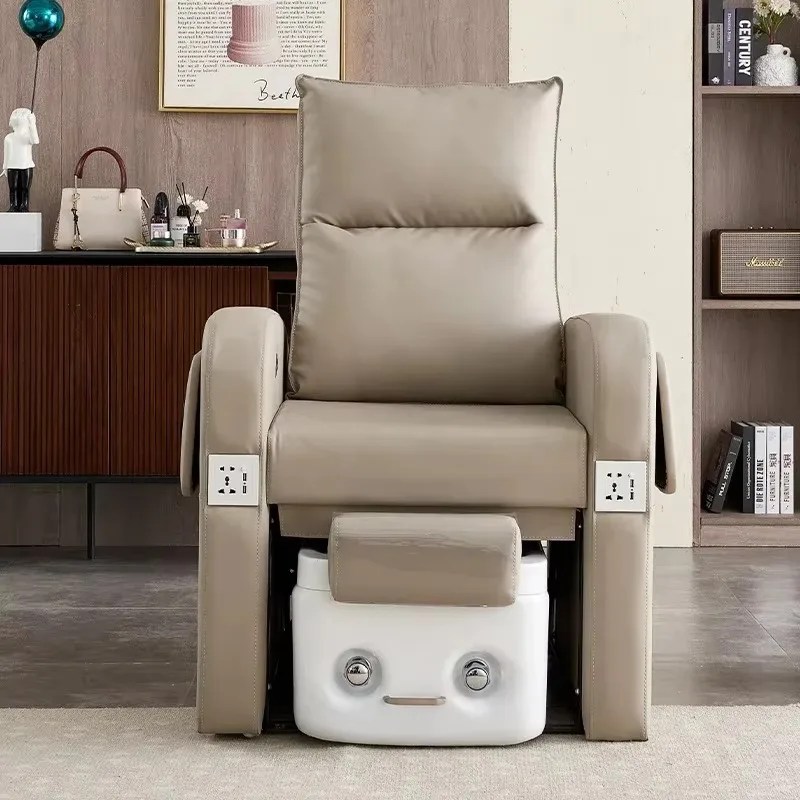 Khaki Pedicure Chair Reclining Foot Spa Bath Side Tray Power Outlet Modern Rolling Chair for Nail Salon Beauty Salon