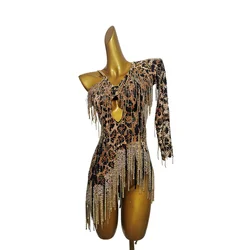 Abito da ballo latino per donna Costume da competizione per sala da ballo per adulti con stampa leopardata Sexy personalizzata per bambini Cha Tango