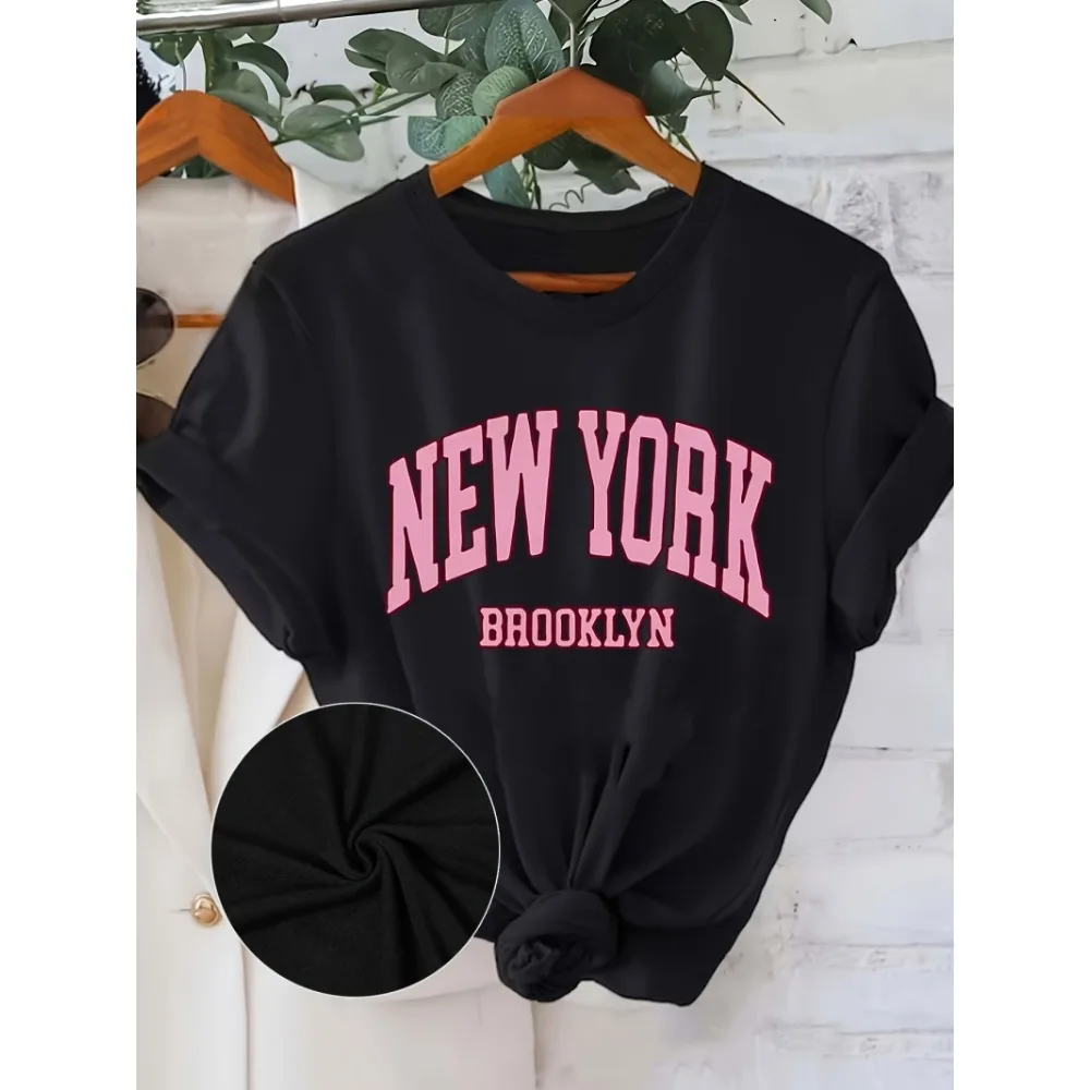 

New York Lettering T-Shirt - Women's Short Sleeve Round Neck Casual Summer Blouse with Print, Machine Washable Spring/Autumn Top