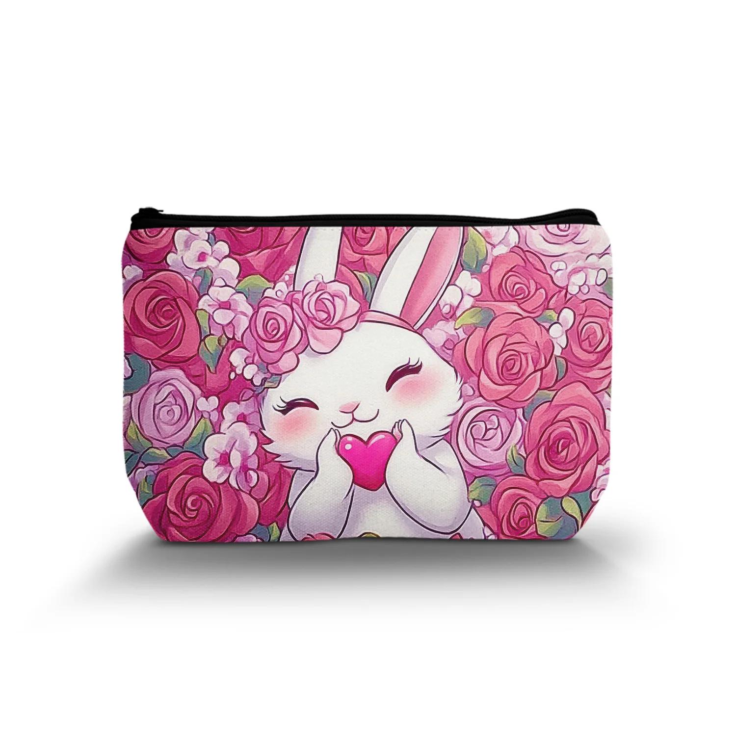 1Pc Cartoon Rabbit Bunny Makeup Bag Pink Organizer Bag Floral Bunny Cosmetic Bag Birthday Gift For Bunny Lovers 8.66X5.51Inch