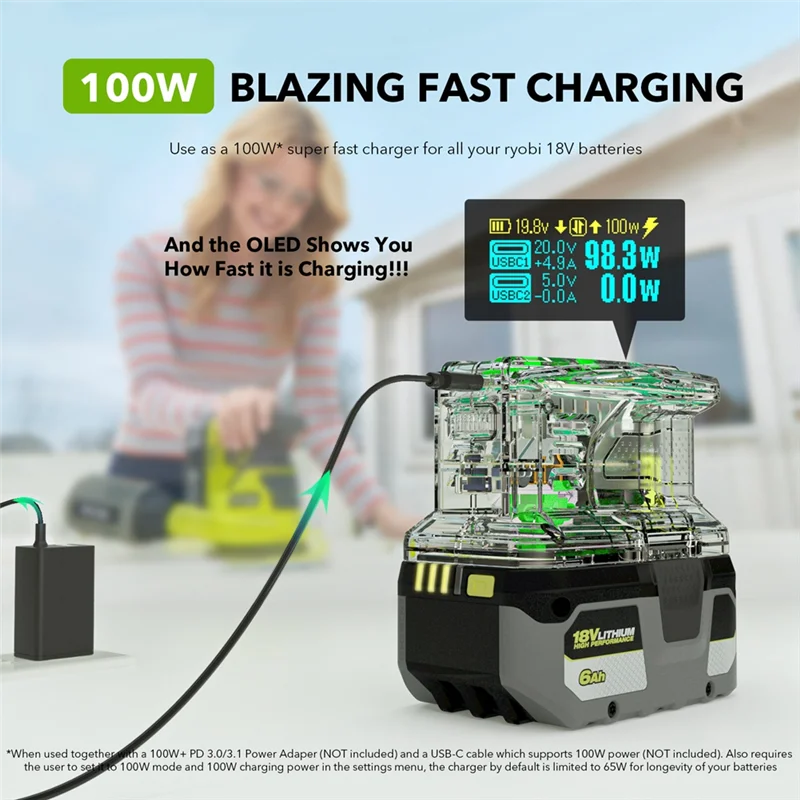AEE7-Fast Charger For RYOBI 18V ONE+ Battery Recharger Lithium Battery 100W Fast Charge USB Port Two-Way Charger PSC