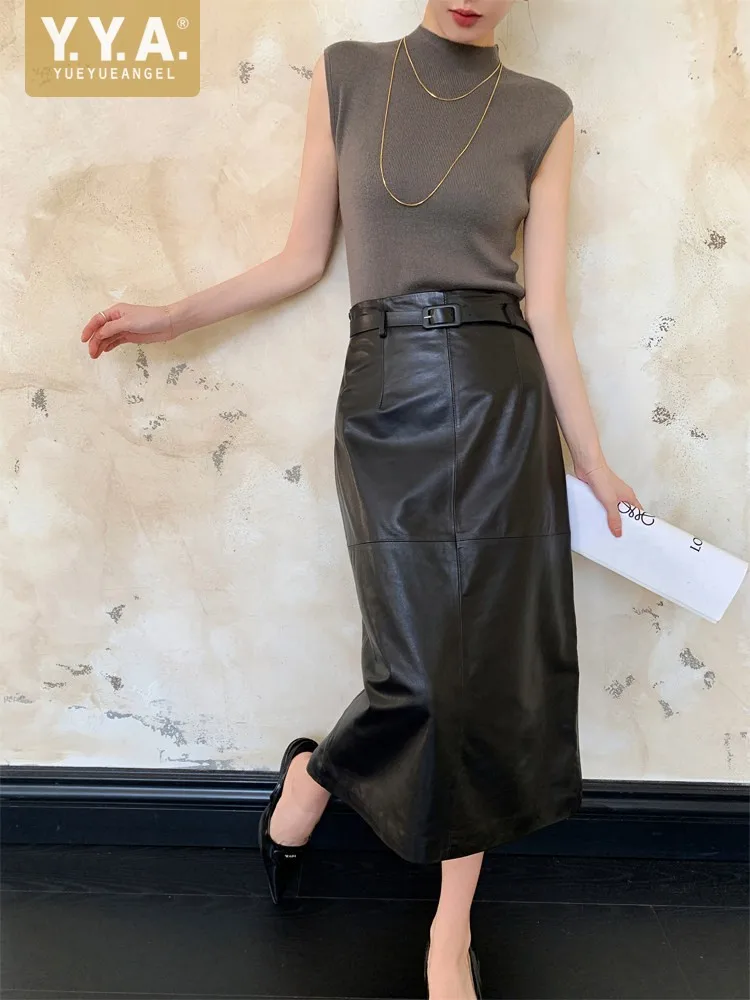 Fashion Office Women Sexy Side High Split Wrap Skirt Oil Wax Sheepskin Genuine Leather Mid Calf Long Skirt Ladies Straight Skirt