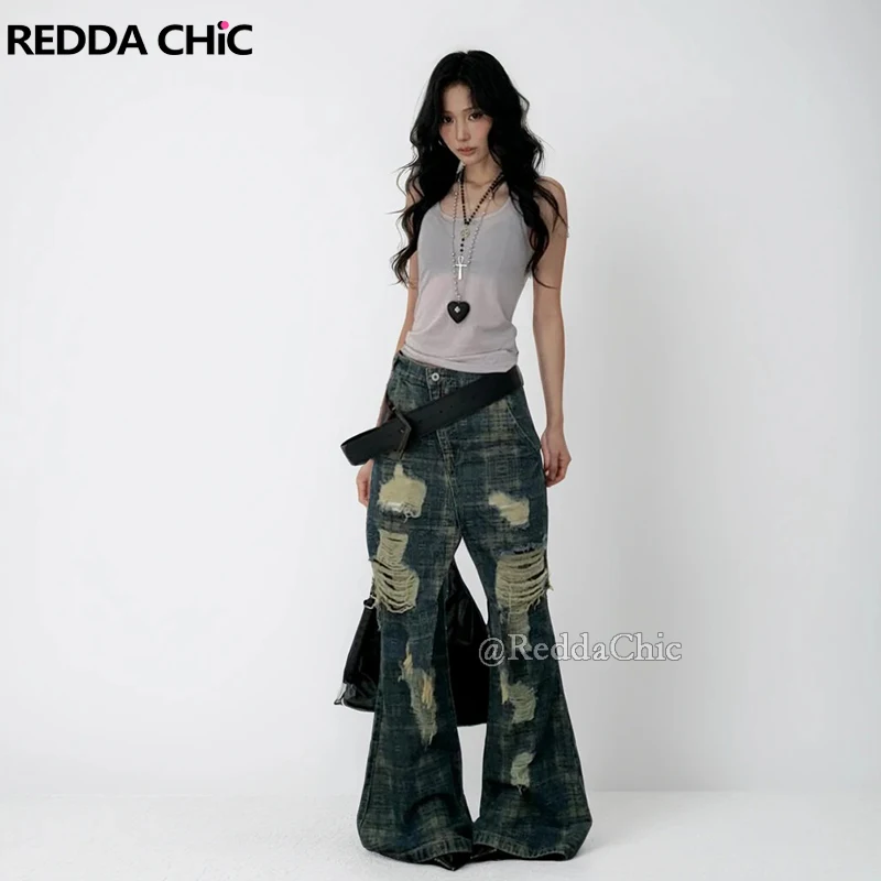 

REDDACHiC Mock High Waist Boyfriend Jeans Women Y2k Tie Dye Retro Wash Irregular Stitch Raw Edge Baggy Jeans Harajuku Clothes
