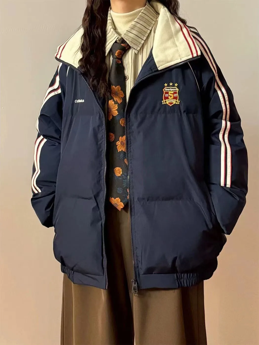 

Ins Sle Color Blo Хлопковое дэт женское повседневное полосатое контрастное винтажное зимнее новое поступление универсальное полосатое хлопковое пальто