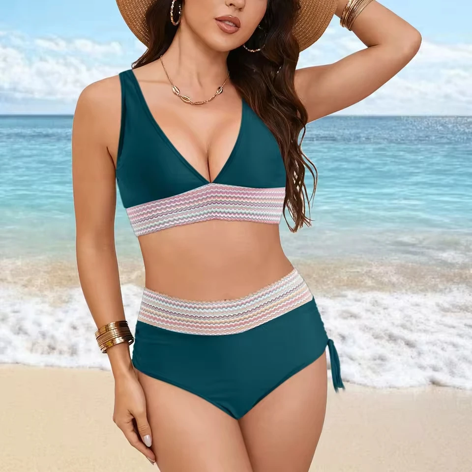 

Women High Waisted Bikini Sets Swimsuits Color Block Two Piece Drawstring Bathing Suit Sexy Women Summer Swimwear Bikini Set