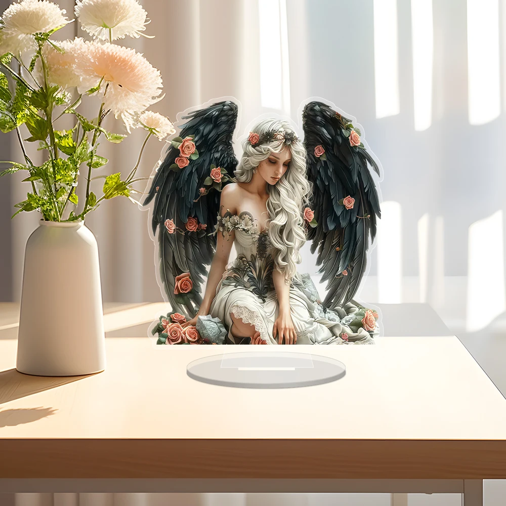 Contemporary Acrylic Angel Girl Christmas Decorative Sign with Stand, Multifunctional Home & Office Desk Plaque, English Inscrip