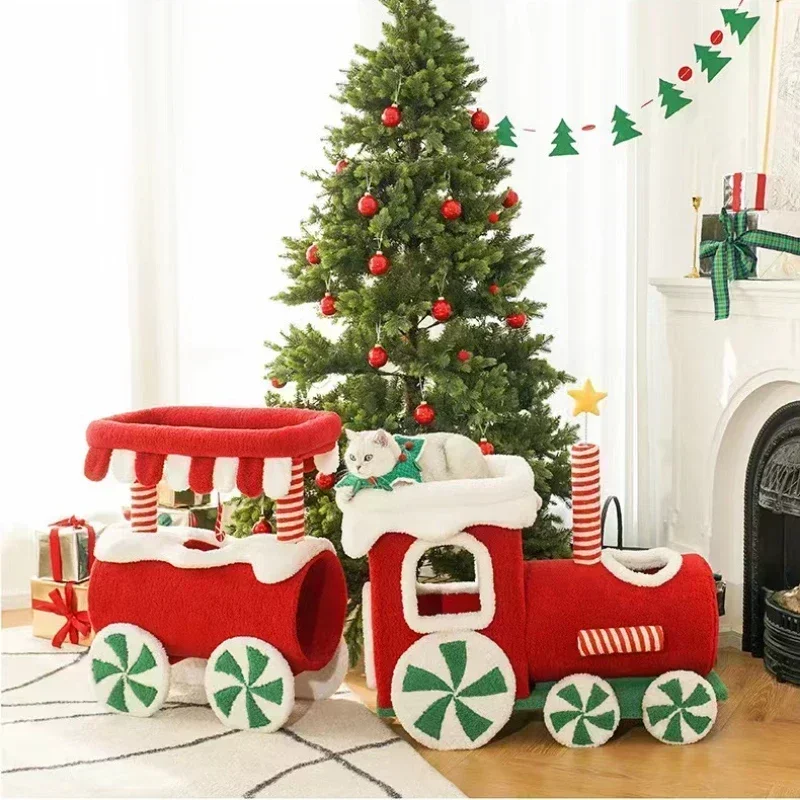 Christmas Train Cat Climbing Frame Cat Nest Integrated Winter Warm All-Season Kitty Sleeping Nest Cat Tree House