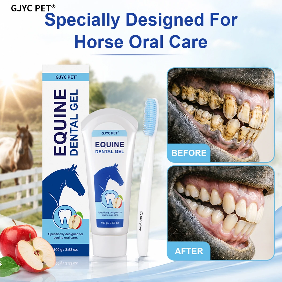 Natural Enzymatic Horse Toothpaste Apple Flavor Plaque Tartar Remover Fresh Breath Teeth Cleaning Cavity Protection for Equine