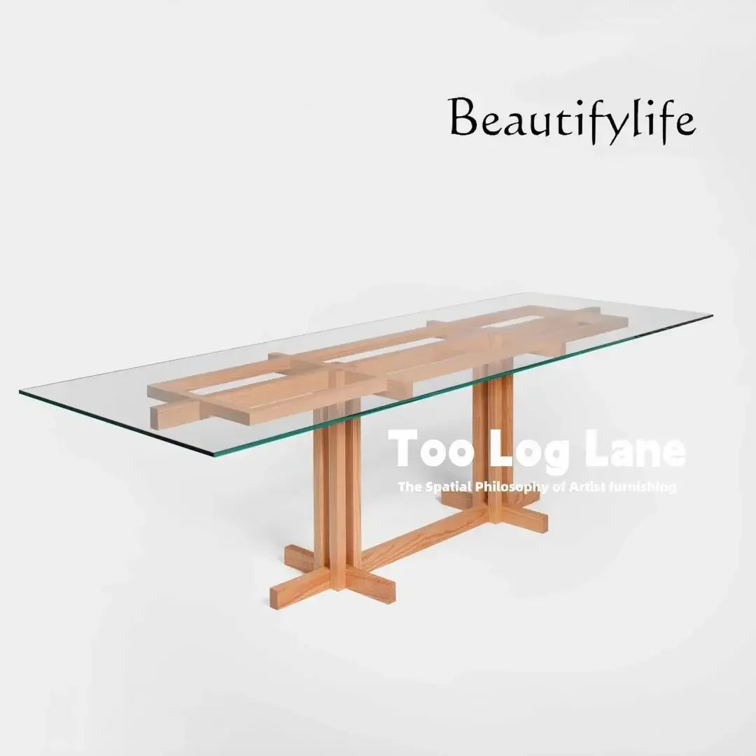 

XE Modern Minimalist Designer Solid Wood Tempered Glass Desk Studio Transparent Rectangular Dining Table