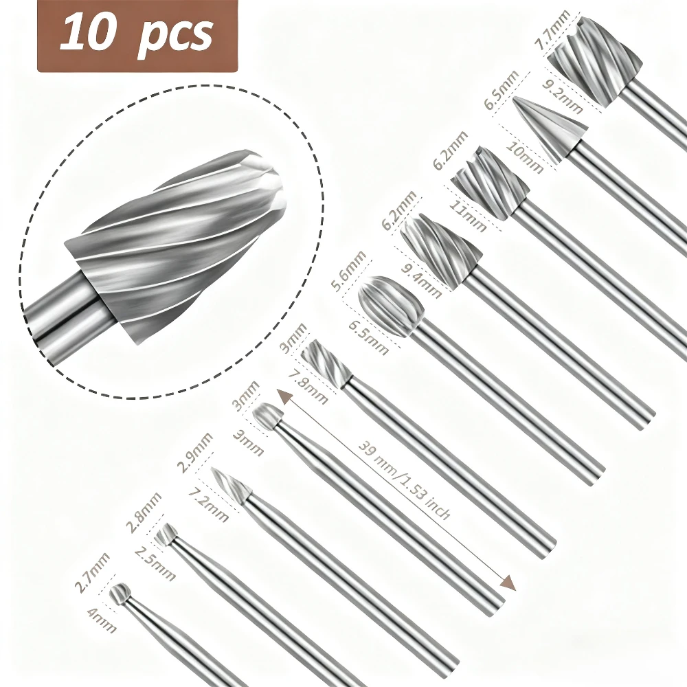 10pcs HSS Rotary Router Drill Bit Set Burr Tools Wood Drill Cutting DIY Routing Carving Electric Grinding Head EngravingTool