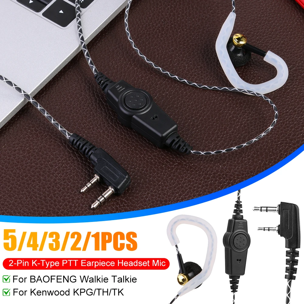 

5-1PCS 2-Pin K-Type PTT Earpiece Headset Microphone 1.2m Walkie-Talkie Earphones For BAOFENG For Kenwood KPG/ TH/ TK For PUXING