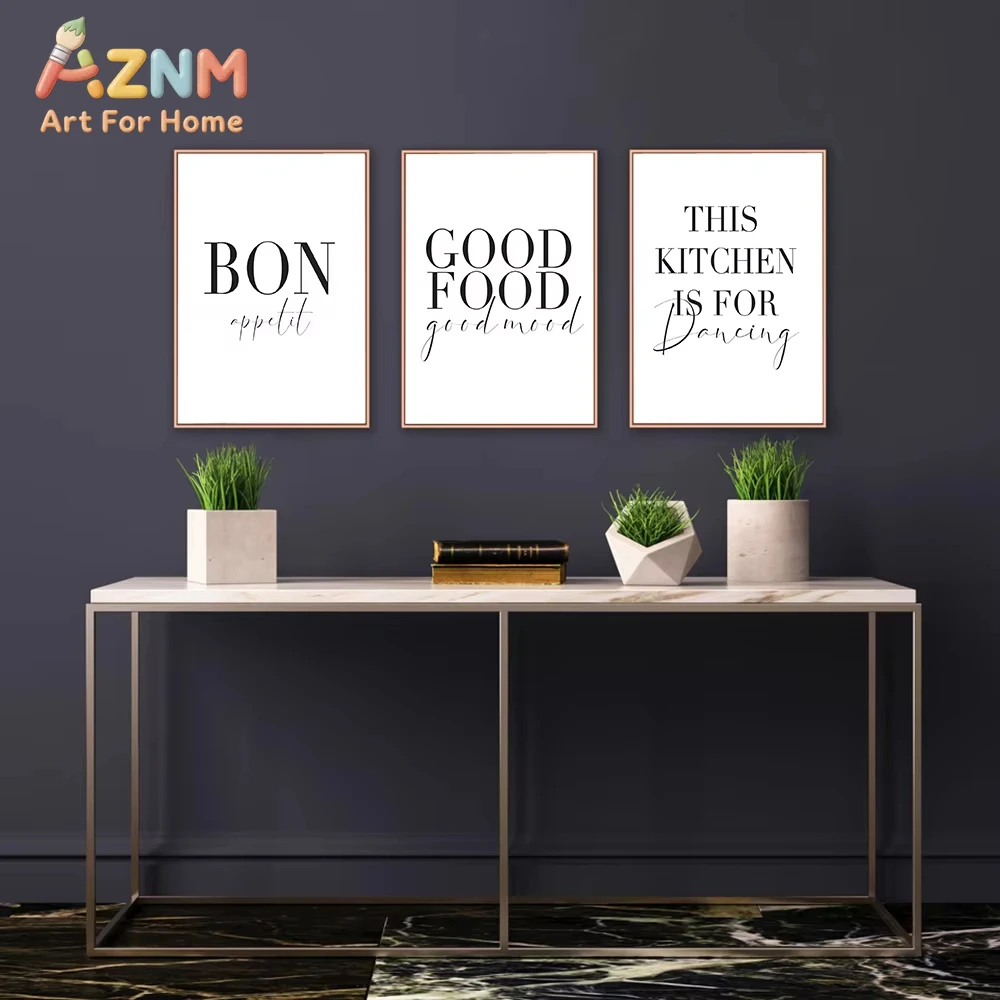 Minimalista boa comida bom humor bon appetit citações pintura em tela preto branco cartazes arte da parede fotos para cozinha decoração de casa