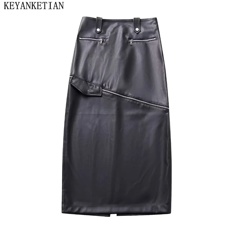 

KEYANKETIAN Winter New Women's detachable Artificial leather skirt Fashion Design Asymmetrical Zipper Seam Detail MIDI Skirt