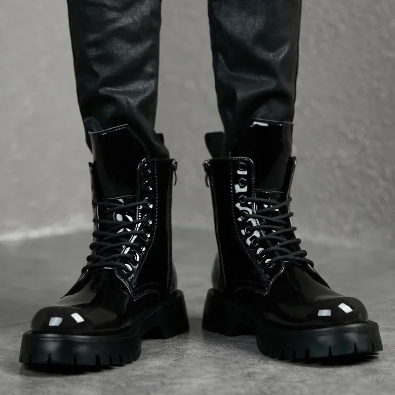men boots patent leather shoes party nightclub dress cowboy high chimney boot platform long chelsea botas
