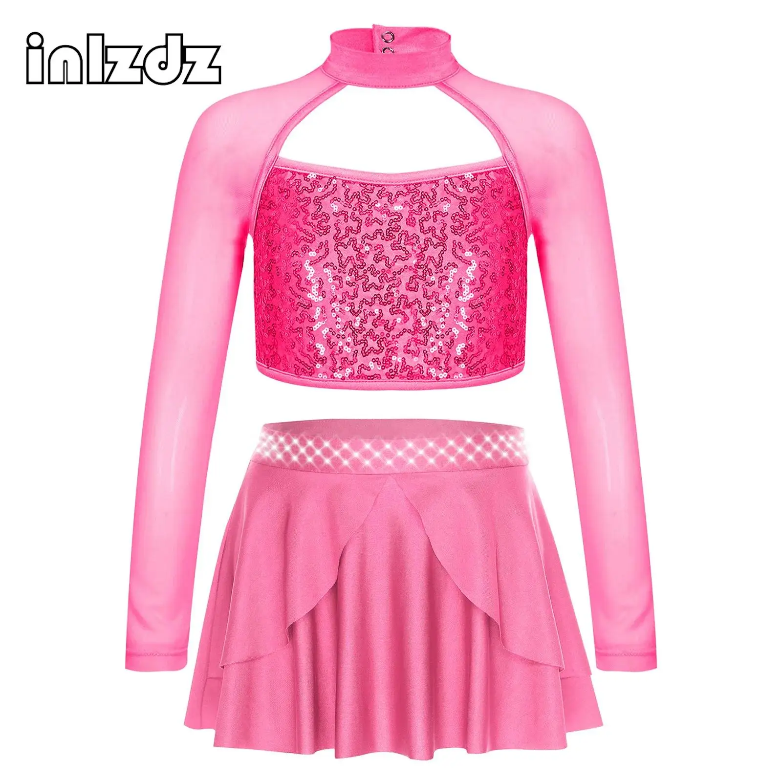 

Girls Latin Jazz Dance Outfit Streetwear Long Sleeve Shiny Sequin Crop Top+Rhinestones Skirt Set for Hip Hop Dance Performance